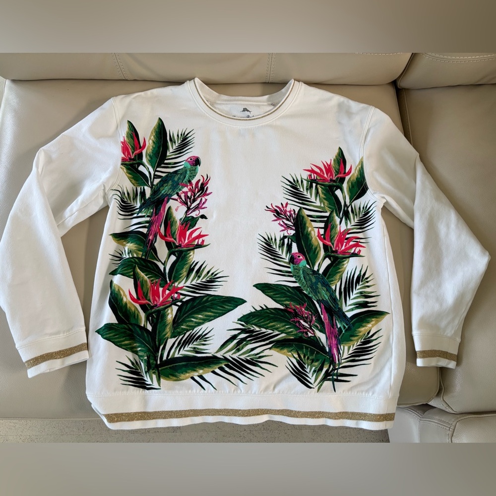 Tommy Bahama Tropical Print Crewneck with Gold Trim, Size S